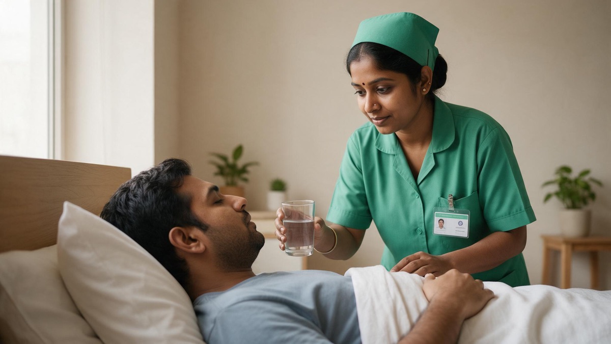 Nursing attendant in a green uniform and cap offering a glass of water to a patient resting in bed at home