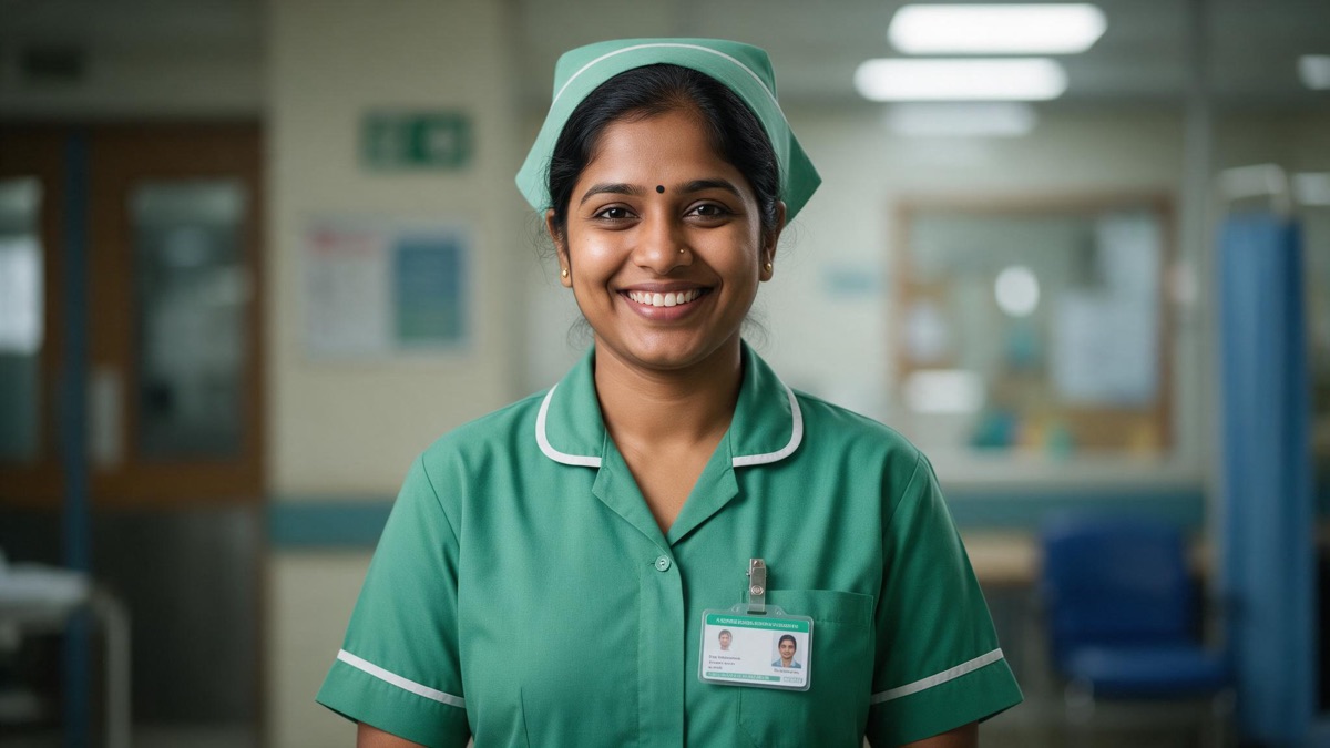 Smiling home care nurse in a green uniform and cap with an ID badge in a hospital corridor